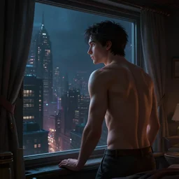 dazecore portrait of a man looking out from his bedroom window to city, city pop, dark fantasy, dark paradise, au naturel, hyper detailed, digital art, trending in artstation, behance, deviantart, cinematic lighting, studio quality, smooth render, unreal engine 5 rendered, octane rendered, art style by pixar dreamworks warner bros disney riot games and ghibli.