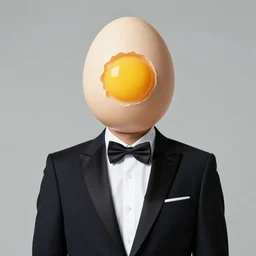 A man wearing a tuxedo with an egg for a head