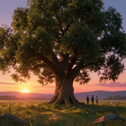 A landscape with a giant oak tree at sunset, Low level, rendered by Beeple, Makoto Shinkai, syd meade, simon stålenhag, environment concept, synthwave style, digital art, unreal engine, WLOP, trending on artstation, 4K UHD image, octane render,