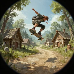 a detailed beautiful matte painting of a skateboarder, kick flip, fantasy Riverwood village from The Elder Scrolls V: Skyrim, log homes, dirt road, trees by Mikko Lagerstedt and Raphael Lacoste, fisheye lens
