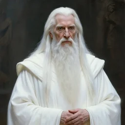 medium camera shot of evil morgan freeman as evil wizard saurman the white, long white hair and white beard, beautiful pure white warlock flowing robes, by alan lee, lord of the rings, smooth, oil painting, matte painting, concept art, trending on artstation, promotional artwork, film still, elegant, photorealistic facial features, intricate, detailed face, dramatic lighting