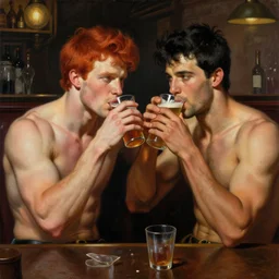 attractive muscular mike with red hair with muscular attractive tyler with black hair, drinking their hearts out, in a pub. very defined and highly detailed painting by gaston bussiere, j. c. leyendecker, craig mullins 8 k