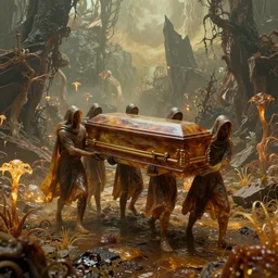 lush, saturated amber by john pawson. a kinetic sculpture of a coffin being carried by six men through an ethereal, otherworldly landscape. the men are all wearing hooded cloaks. the landscape is eerie & foreboding, with jagged rocks & eerie, glowing plants.
