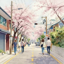 streets of hongdae, hangeul, photorealism, spring, wide shot, watercolor painting by Lim Eung-Sik