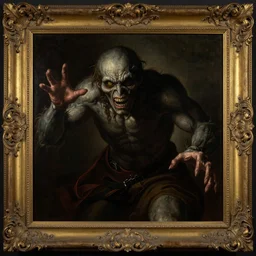 a monster reaching through a framed painting, pulp horror. baroque period, oil on canvas. renaissance masterpiece