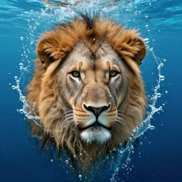 a male lion's face breaching through a wall of water, headshot, water sprites, splashing, air bubbles, deep blue ocean, highly detailed, realistic digital art, trending on artstation