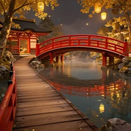 cozy fantasy empty onsen with wood walkways next to grand bridged japanese pogotas red and gold by greg rutkowski craig mullins ross tran mucha levitating lanterns lumen reflections matte painting fantasy specular lighting trending on artstation