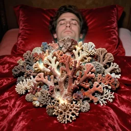 realistic photo of a blurred face of a man with his eyes closed, laying in a satin velvet red bed, covered in shriveling dead coral reef, emitting aura 1 9 6 0, life magazine photo, natural colors, metropolitan museum, kodak, 8 k, very detailed, high resolution, product photo,