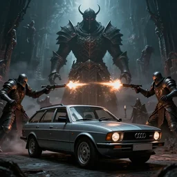 Armored Audi 80 B3 Avant (1988) facing a gigantic dark knight, Dark Souls 3, Eldritch Horrors, Wretched and Corrupted Knights, Heavy Battle, Fight, Car vs Knight, gunshots fired, a grim fantasy, Anor Londo, dramatic lighting, cinematic, establishing shot, extremely high detail, photorealistic, cinematic lighting, artstation, by simon stalenhag