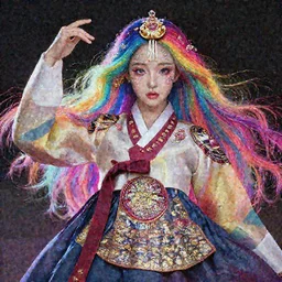 an concept art of the korean queen, rainbow hair, makeup, intricate details, detailed face, detailed dress, artstation, epic pose, colourful light, by rembrandt