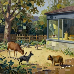 petting zoo with small creatures by shaun tan, intricate, detailed, oil on canvas by edward hopper, torn paper decollage,