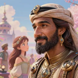 a close - up fantasy scene of a bedouin father, highly detailed, highly intricate, disney & ghibli, magic the gathering, steampunk, epic romantic drama breathtaking magical whimsical, professional cinematic lighting, award winning, painted by marc simonetti and anton fadeev and paul lehr and rhads and alena aenami, pastel color palette, featured on artstation