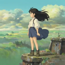 a anime girl standing on a high building with flowing hair on a wind in style of a studio ghibli /n 9