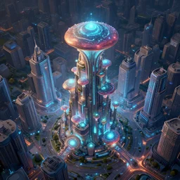 a magnificent mushroom skyscraper, bioluminescent solarpunk city, isometric aerial view, epic sense of scale, digital art by beeple, trending on artstation