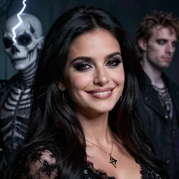 penelope cruz as death from sandman, gentle smile, goth chic, by cedric peyravernay, by lecouffe deharme and maciej kuciara, by dave mckean, soft lightning, eyeliner, punk rock, high detailed, 8 k