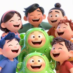 people intertwined with each other while laughing, illumination studios pixar movie directed by tom mcgrath, 3 d animated movie, slimy shiny reflective joy