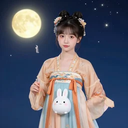 a girl in han chinese clothing with cartoon rabbit, moon night with stars background completely render poster, polished by gediminas pranckevicius and james gilleard
