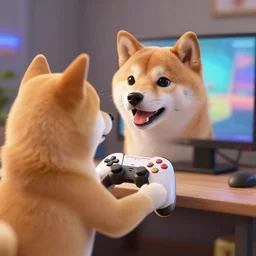 photo of shibe playing video - game, realism, realistic, photorealism, f 3. 5, photography, octane render, trending on artstation, unreal engine, cinema 4 d