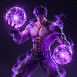a muscular man made of purple energy, wielding two orbs in his hands that are able to manipulate the force of electromagnetism in order to cause chemical changes inside of the orbs.