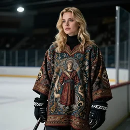 blonde mom in a hockey arena wearing medieval tapestry as clothing, shallow depth of field, moody lighting, single point of light, 8 k, ultra realistic, in the style of martina fackova,