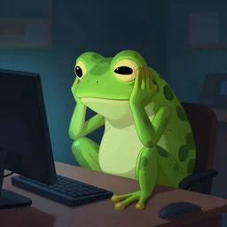 sad humanoid frog holding his head in front of a computer screen in a dingy dark room at night. digital art.