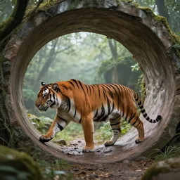 Tiger walks through a dimensional portal,side view, Fantasy Art
