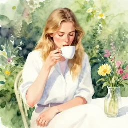laura virtanen drinking coffee in the garden. watercolor by the award - winning concept artist