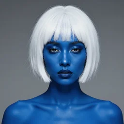 intricate portrait, pure blue skin, short white hair, cinematic, in the style of enki bilal!
