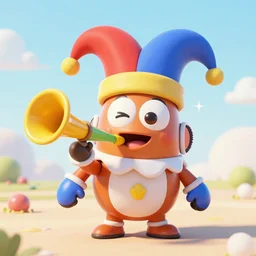 a clownfish clown mecha wearing an oversized jester cap and squeaking a little clown horn all happily