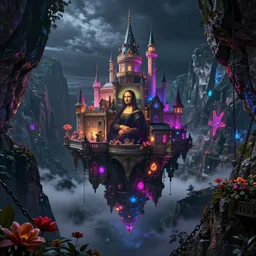 an immense floating castle, in the midst of high mountains, hanging by chains, inside a gorge, below only cloud dark void, 8k resolution, artstation trends by Anita Kunz, Leonardo da Vinci, Peter Mohrbacher, Tomasz Jedruszek and Jakub Różalski, Trending on artstation. highlights 8k resolution unreal engine hiperrealistic neon glow darkness dramatic hdr dramatic flower neon stellar color scheme