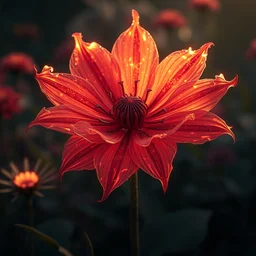 hyper realistic flower in the garden with fire texture on the petals, illustrated by greg rutkowski, beautiful volumetric lighting, intricate, ultra detailed, photorealistic, trending on artstation, octane render, 8 k