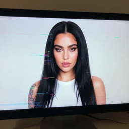 Charli XCX, displayed on a computer monitor, glitchcore