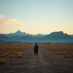 budha praying in the middle of a beautiful hyper realistic detailled matte painting of a serene landscape with a dull plains with a black colossus god walking in the foreground and mountains in the background at early evening, by john howe and greg rutkowski and albert bierstadt, unreal engine, trending on artstation, barometric projection, rectilinear, f 8