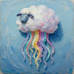 3d high relief painting of sea like jelly, Rainbow sheep like cotton candy, painterly, thick heavy impasto,dreamy, soft , highly detailed,  expressive impressionist style, in the style of Yuri Anatolyevich Obukhovskiy