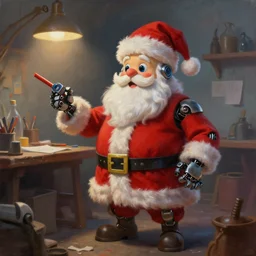 beautiful painting of santa in his sentient robot workshop, trending on artstation, octane render