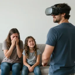 family crying with man wearing vr headset standing in front of them