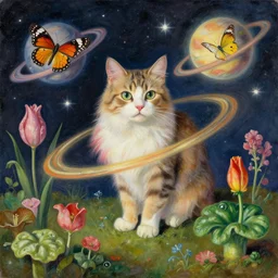 🐱 🦋 🪐 🌷 💫 🍄, surreal art, art by barlowe wayne maxfield parrish and marco mazzoni