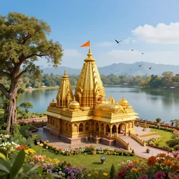an ancient hindu temple made of gold with saffron flag on top in serene floral environment alongside a beautiful lake, birds flying, bright blue sky, art deco, oak trees, mountainous background, distant, high angle, wide angle, global illumination, trending on artstation, octane render, cgsociety, surrealist, cinematic, unreal engine 5