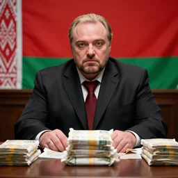 Alexander Lukashenko in Scarface, bags of cocaine on the table, belarusian flag in the background, cinematic still