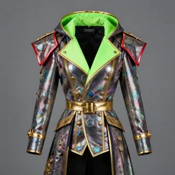 product photo of an insanely integrate elaborate shiny hooded steampunk livree jacket is textured with multicolored holographic circles and big green neon collar, golden belts and buttons, big shoulder polsters with glowing red edges, detailed fold fall, 3 5 mm, nikon photography