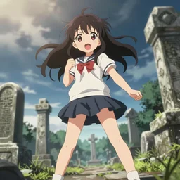 kawaii girl in front of necropolis, posing for instagram, epic cinematic still, dynamic perspective, anime style, beautiful volumetric light