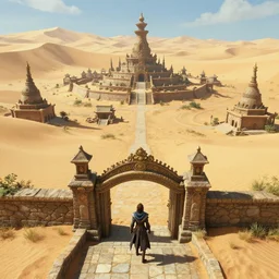entrance of the beautiful ancient isolated sacred spiritual alien village in a vast sand desert, 3 rd person action adventure, screenshot, gameplay, final fantasy, square enix, jrpg, cutscene, unreal engine, 4 k, ultra high settings, rtx, next gen graphics, playstation 5