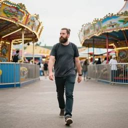 A bearded man walks through a funpark