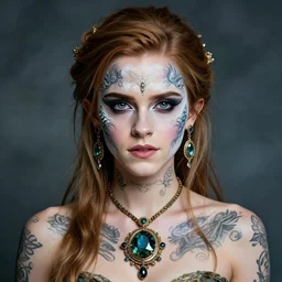 portrait of fairy, symmetric, facepaint facepaint facepaint, intricate jewelry, large neck pendant jewel, trending on artstation 4 k, high quality, in the style of karol bak and tom bagshaw, bust with face of emma watson, tattoos