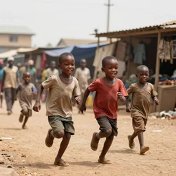 young kids in lagos nigeria running playing together in the market
