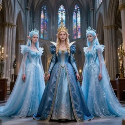 an elf queen and ice queen in a gothic church, highly detailed, 4 k, hdr, smooth, sharp focus, high resolution, award - winning photo, illustrated by anne stokes, photorealistic