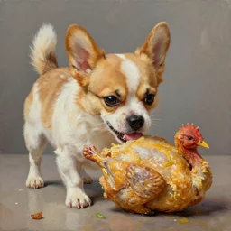tiny angry dog eats whole chicken, oil painting, highly detailed