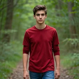walking in forest, portrait, male teenager, dark eyes, natural eyebrows, detailed face, brown hair, red shirt, blue jeans, realistic photo.