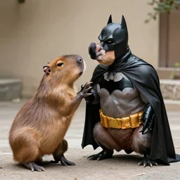 A capybara dressed like batman fighting