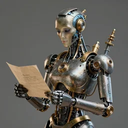 a beautiful intricate fine art portrait photo of a   a mechanical industrial steampunk cybernetic robot reading a letter held in her hands, by tom bagshaw and zach sutton, perfection!, happiness!!, golden ratio composition,  studio lighting, 50mm lens, very detailed, bionic, cybernetic scifi, deep depth of field, artstation, 8K, highly coherent